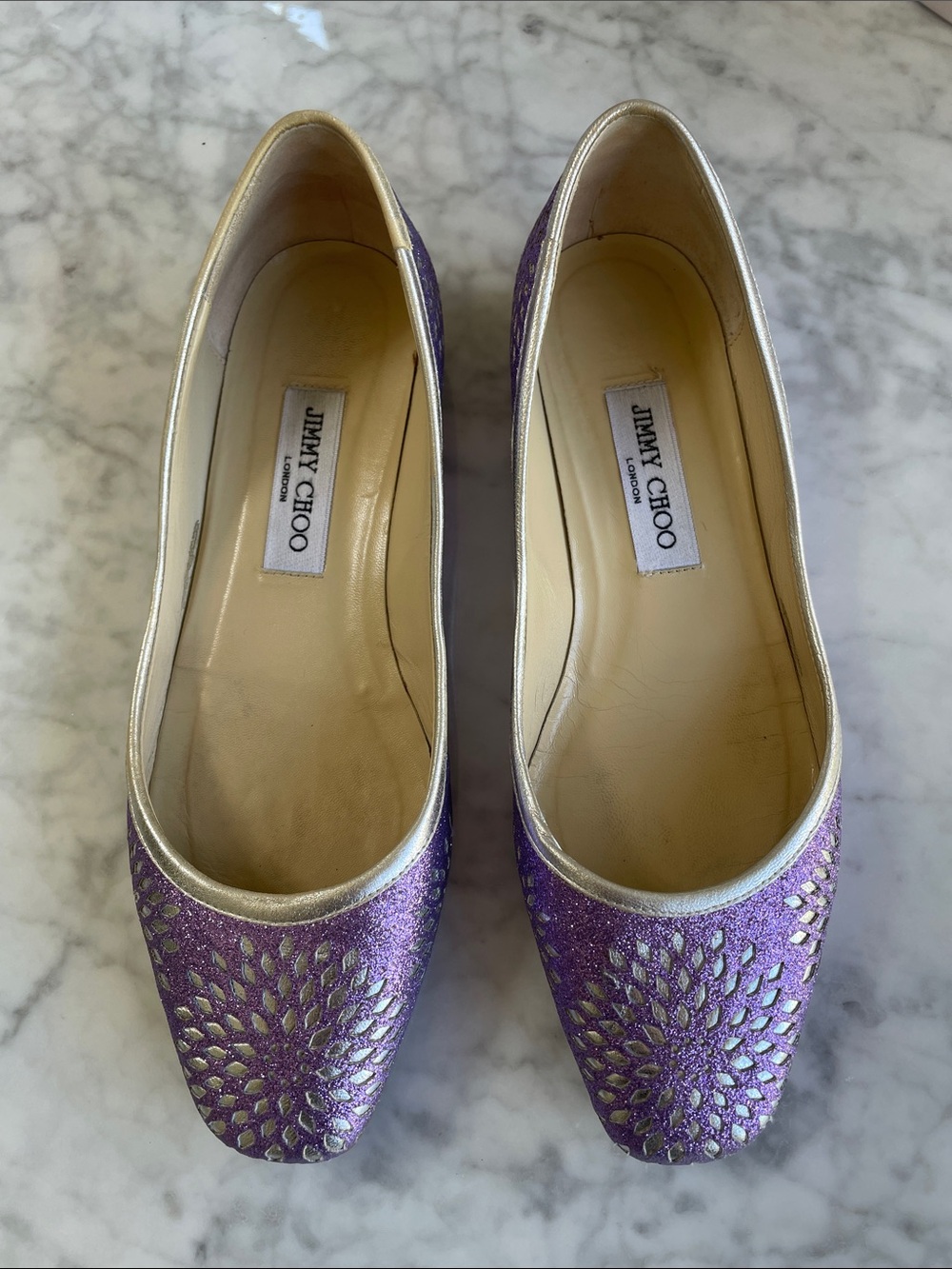 Jimmy Choo Purple metallic Glitter Flats with Silver Trim